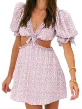 For Love & Lemons Phoebe Cutout Mini Dress Puff Sleeve Pink Floral Coquette Sz L